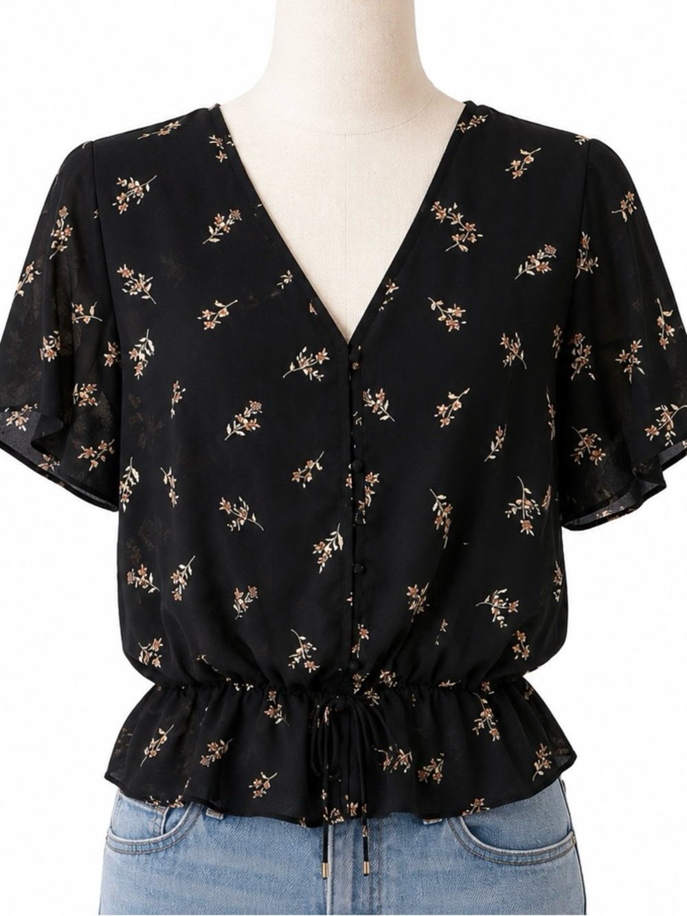 Sienna Sky Black Floral Peplum Top Size M VNeck Flutter Sleeve Tie Waist Blouse
